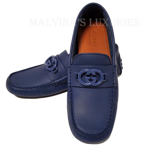 GUCCI SHOES MENS LOAFERS MOCCASINS G LOGO BLUE LEATHER - Picture 3 of 16